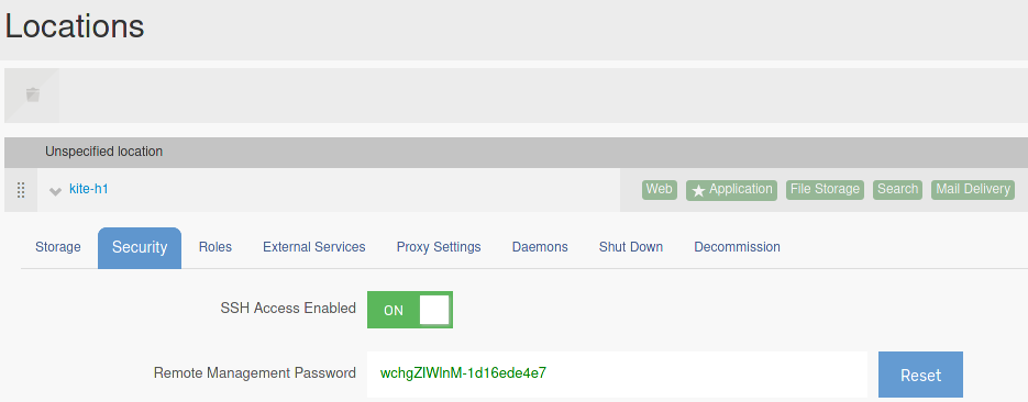 Screenshot of kiteworks Remote Management Password page. The generated Remote Management Password can be seen in the bottom centre in green text.